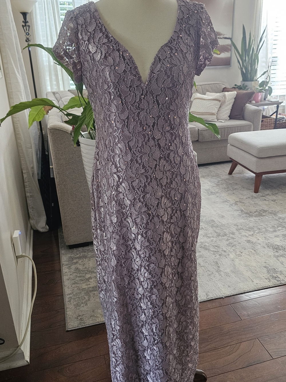 Connected Apparel Dusty Lavender Lace V-Neck Maxi Dress